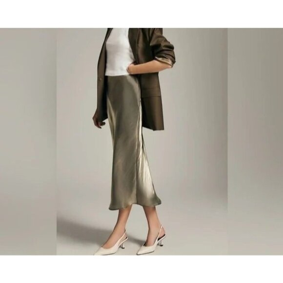 Anthropologie Elyse Slip Skirt Metallic Khaki Size L Going Out Holiday Party NWT - Picture 1 of 13